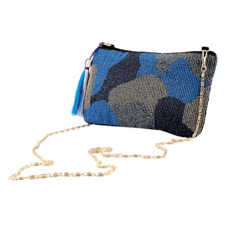 Blue Glass Bead And Cotton Ziptop Clutch Bag