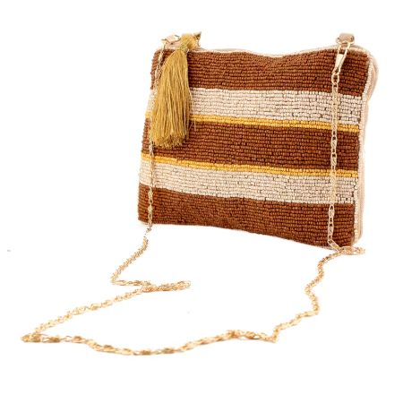 Brown And White Glass Beads Cotton Ziptop Clutch Bag