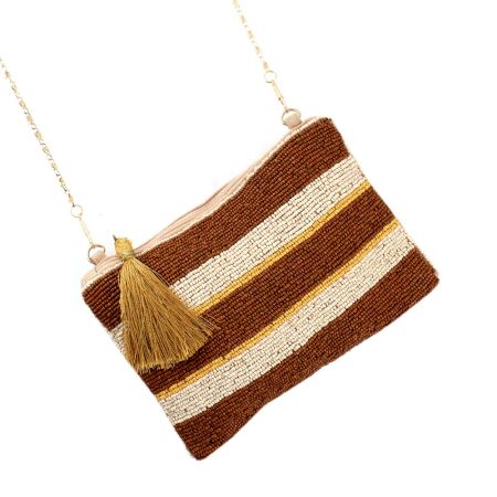 Brown And White Glass Beads Cotton Ziptop Clutch Bag