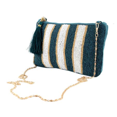 Blue  And White Glass Beads Cotton Ziptop Clutch Bag