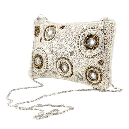 Golden Rings White  Glass Bead And Cotton Bridal Or Party Clutch