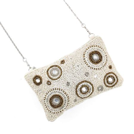 Golden Rings White  Glass Bead And Cotton Bridal Or Party Clutch