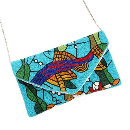 Blue Multicolored Glass Bead And Cotton Female Party Wear Evening Clutch Bag