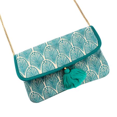 Turquoise Embroidered Cotton Fold Over Clutch Bag