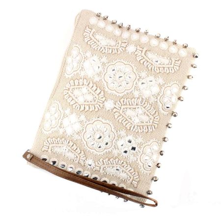 Natural Silver Ziptop Embroidered Bag With Leather Strap