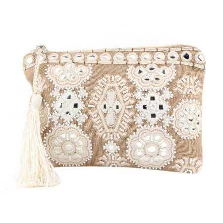 Beige And White Ziptop Embroidered Bag With Tussle