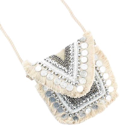 Natural Beaded And  Coin Flap Clutch Bag