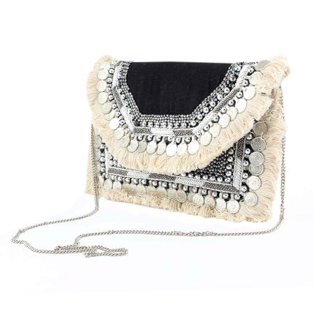 Black And White Heavy Hand  Embroidery Foldover Clutch Bag With Coins