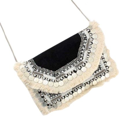 Black And White Heavy Hand  Embroidery Foldover Clutch Bag With Coins