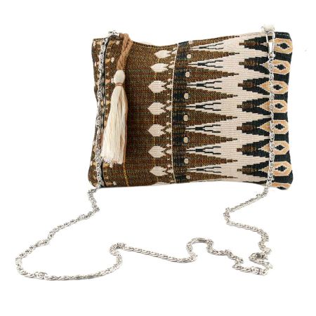 Brown Ikat Jaquard Ziptop Clutch Cotton Bag With Tassle