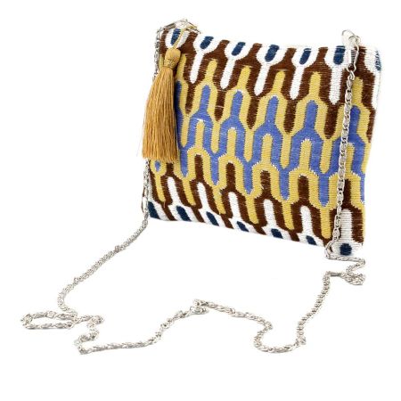 Yellow And Blue  Ikat Jaquard Ziptop Clutch Cotton Bag With Tassle