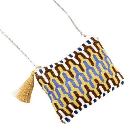 Yellow And Blue  Ikat Jaquard Ziptop Clutch Cotton Bag With Tassle