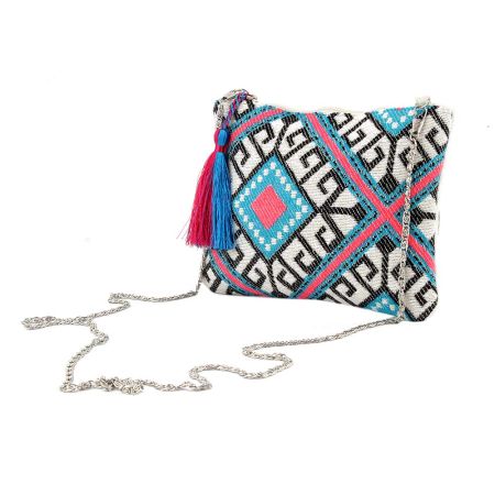 Blue Colorful Ziptop Jacquard Cotton Clutch Bag With Tassle