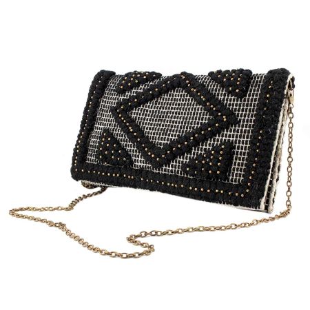 Black and grey Handloom Ziptop Clutch With Bead Work