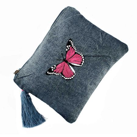 Blue Butterfly Embroidered Denim Zip Top Clutch Bag