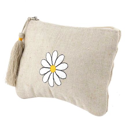 White Flower On Beige Emboidered Cotton Zip Top Bag