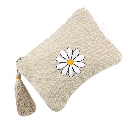 White Flower On Beige Emboidered Cotton Zip Top Bag