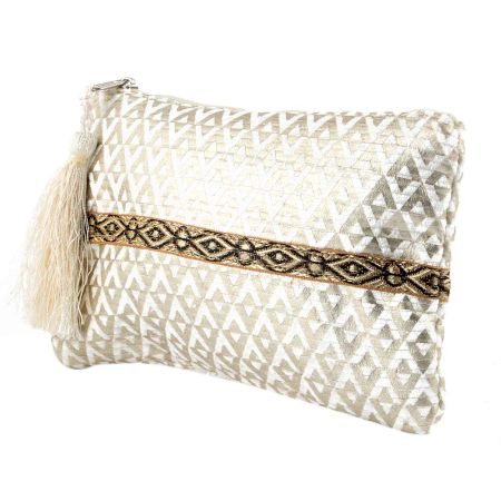 Golden Jaquard Cotton Zip Tip Tassle Clutch Bag