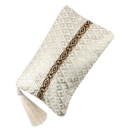 Golden Jaquard Cotton Zip Tip Tassle Clutch Bag