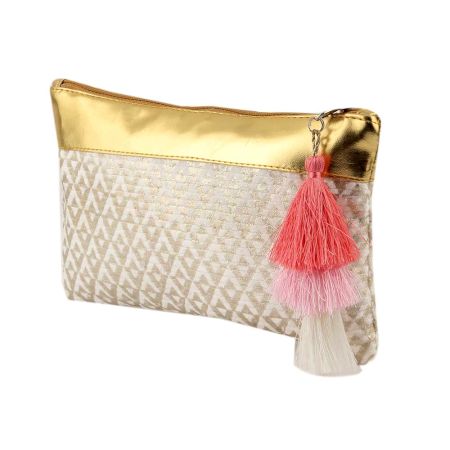 Golden Jaquard Cotton Zip Tip Pink Tassle Clutch Bag