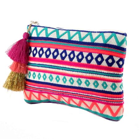 Multicolored ZipTop Jaquard Cotton Zip Top Clutch Bag With Tassle