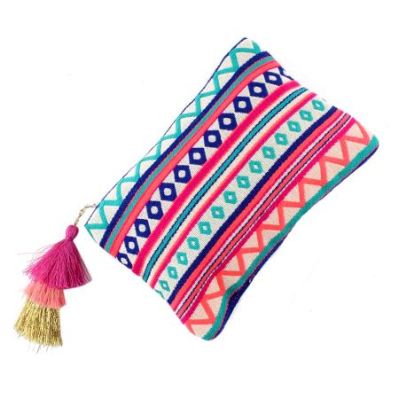 Multicolored ZipTop Jaquard Cotton Zip Top Clutch Bag With Tassle