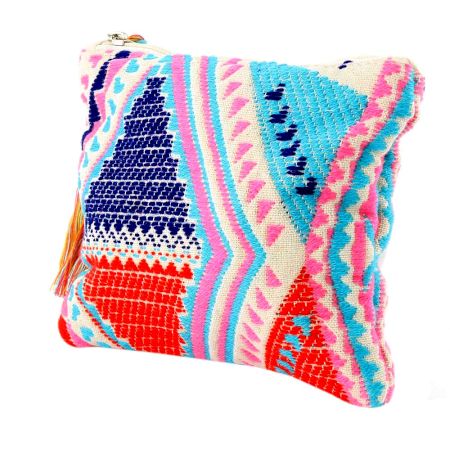 Multicolored Hand Emboidered Zip Top Cotton Jaquard Clutch Bag