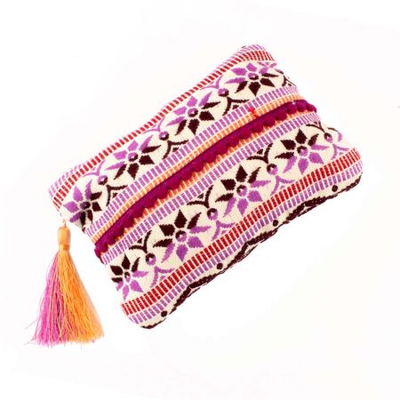 Pink Floral Pattern Hand Embroidered Zip Top Jaquard Clutch Bag