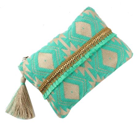 Green Embroidered ZipTop Jaquard Lurex Zip Top Clutch Bag