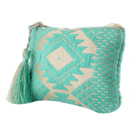 Green Embroidered ZipTop Lurex Zip Top Clutch Bag