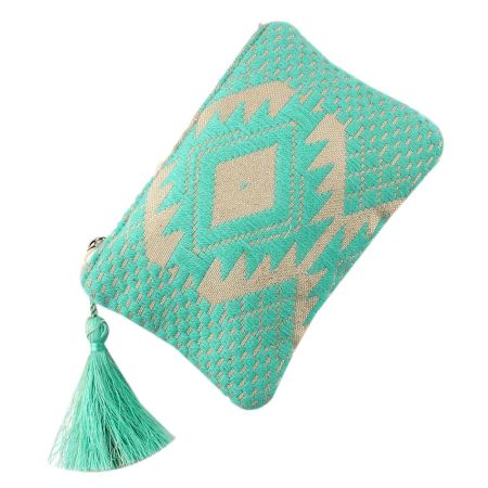 Green Embroidered ZipTop Lurex Zip Top Clutch Bag