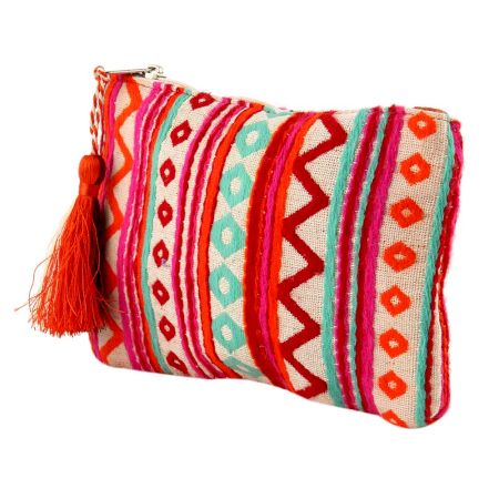 Pink Embroidered Zip Top Jaquard Cotton Clutch Bag