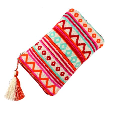 Pink Embroidered Zip Top Jaquard Cotton Clutch Bag