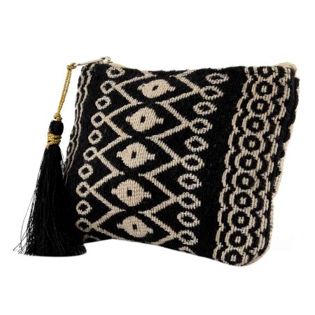 Black And White Geo Graphic Zip Top Clutch Bag With Tassle