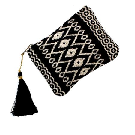 Black And White Geo Graphic Zip Top Clutch Bag With Tassle