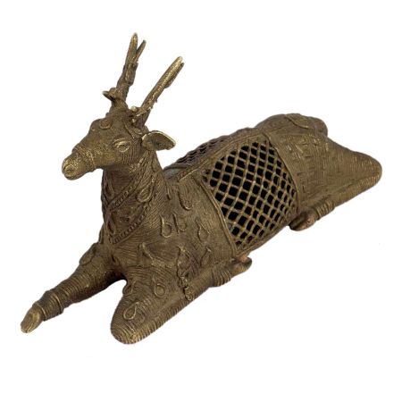 Handcrafted Brown Patina Rich Sitting Dhokra Brass Deer Statue