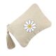 White Flower On Beige Emboidered Cotton Zip Top Bag