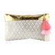 Golden Jaquard Cotton Zip Tip Pink Tassle Clutch Bag