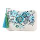 White Jaquard Cotton Floral Zip Top Clutch Purse Hand Embroidery