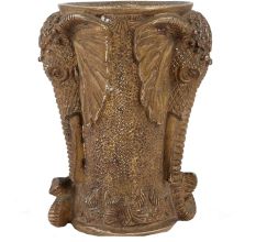 Handmade Brass Vase With Elephant Face Design And Brown Patina