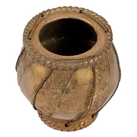 Brass Drum Shaped Flower Pot Engraved Striped Design And Patina Finish