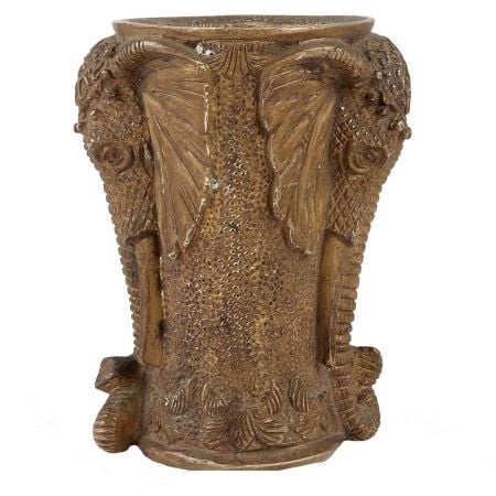 Handmade Brass Vase With Elephant Face Design And Brown Patina