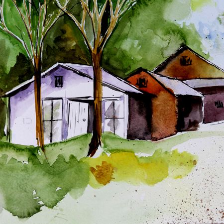 Cabin In The Woods Water Colour Painting