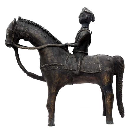 Brass Rider With Horse Figurine Statue In Patina Finish