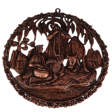 Round Copper Wall Hanging Of Radha Krishna With Cow