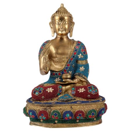 Brass Multicolored Gemstone Buddha Statue