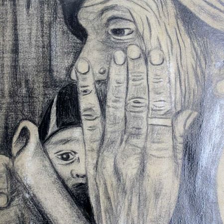 Pencil Painting Of Old Woman Portrait Wrinkled Hands