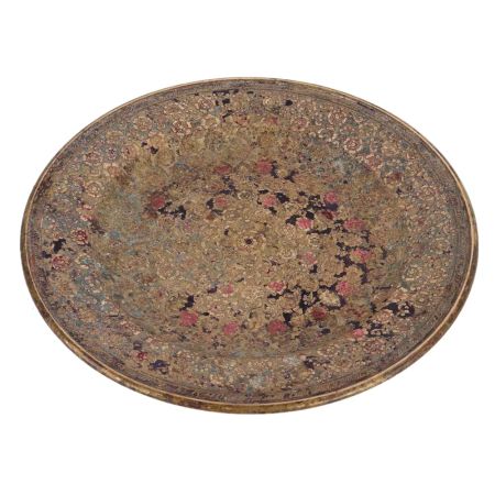 Used Brass Enamel Serving Tray With Flower Design