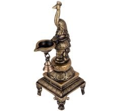 Brass Peacock Diya with Bell and Stand