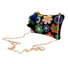 Black Floral Beaded Purse With Chain